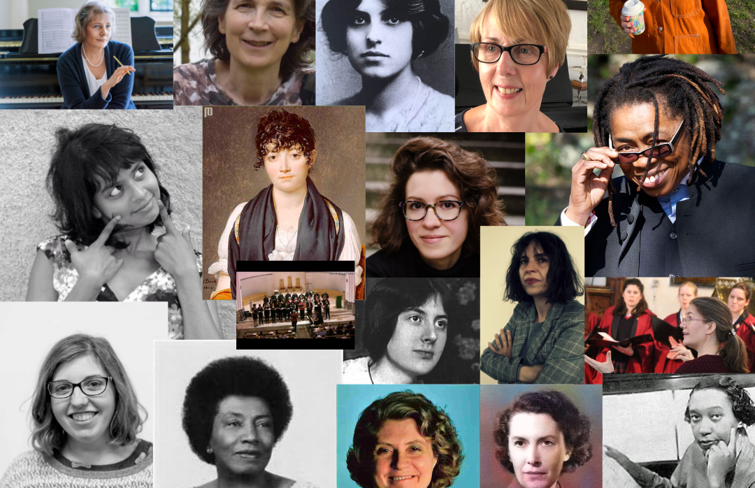 A collage of women composers Collage of diverse women composers including historical figures and contemporary portraits.