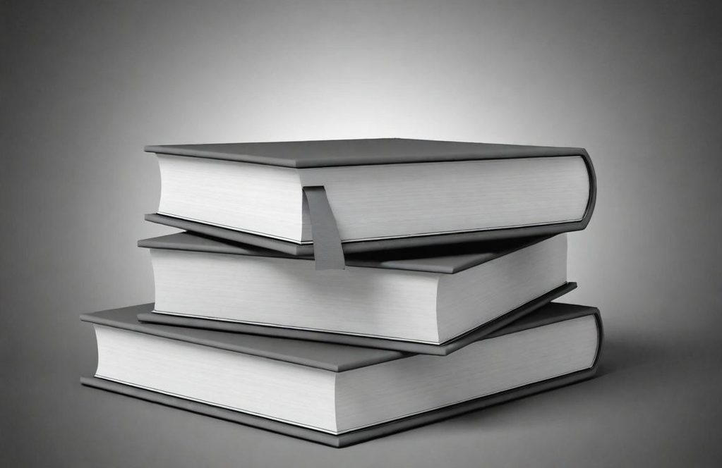Logo for MoV linking to advocacy and research Three stacked books with plain covers, displayed against a monochrome background.